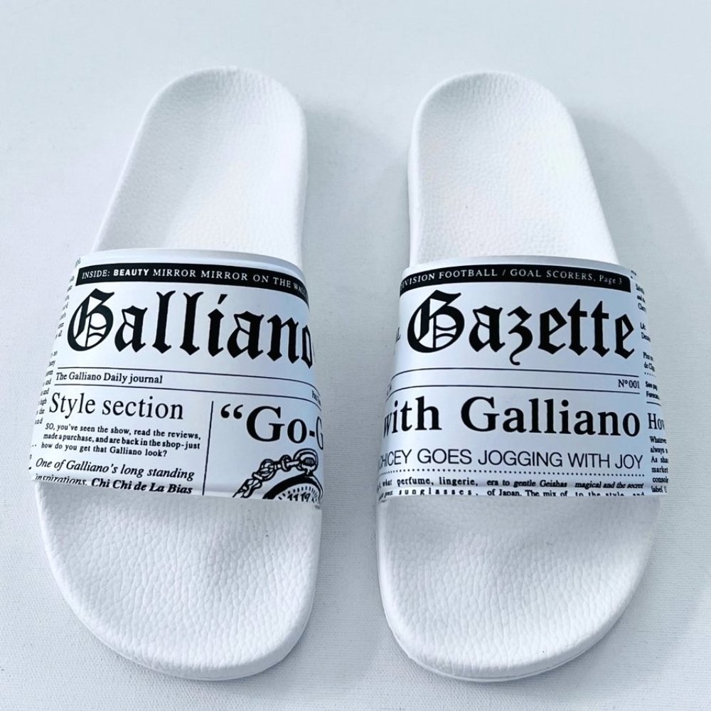 Galliano Newspaper  Print Slides Flats Shoes White